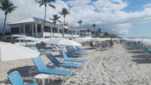 Une plage bordée de rangées de chaises longues bleues et de parasols blancs, un bâtiment doté de balcons et des palmiers.