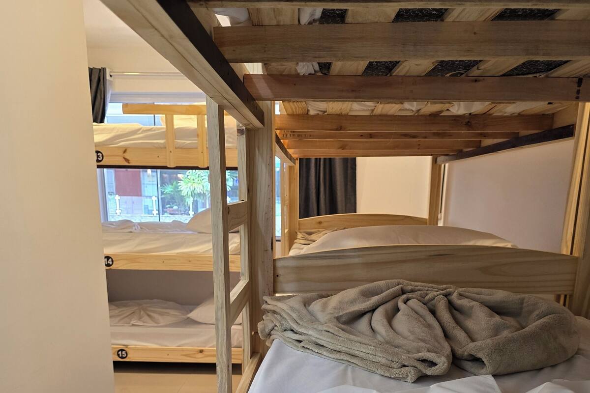 A bunk bed room with a ladder leading to the upper bunk.