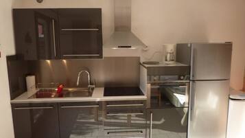 A compact kitchen with dark cabinets, a stainless steel range hood, a sink, a small oven, and a refrigerator.