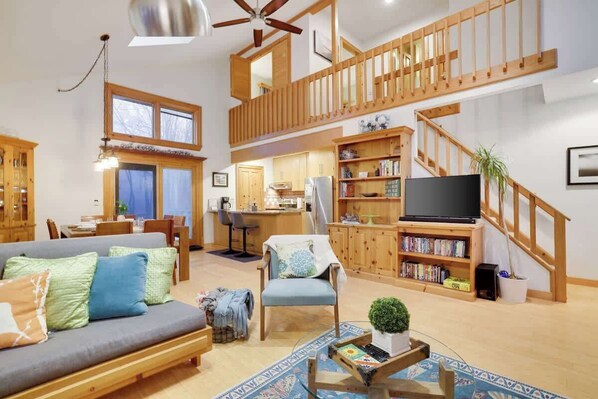 TV, fireplace, video games, DVD player