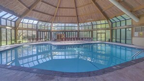 Una piscina interior con techo de madera y ventanas amplias.