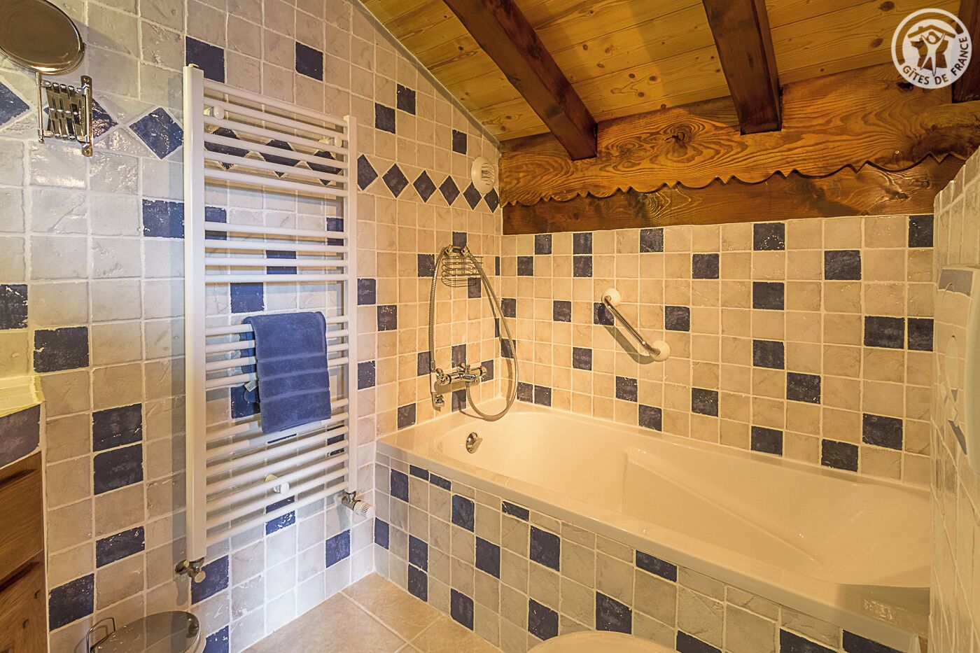 A bathroom with a tiled mosaic floor, a bathtub, a shower, and a towel rack.
