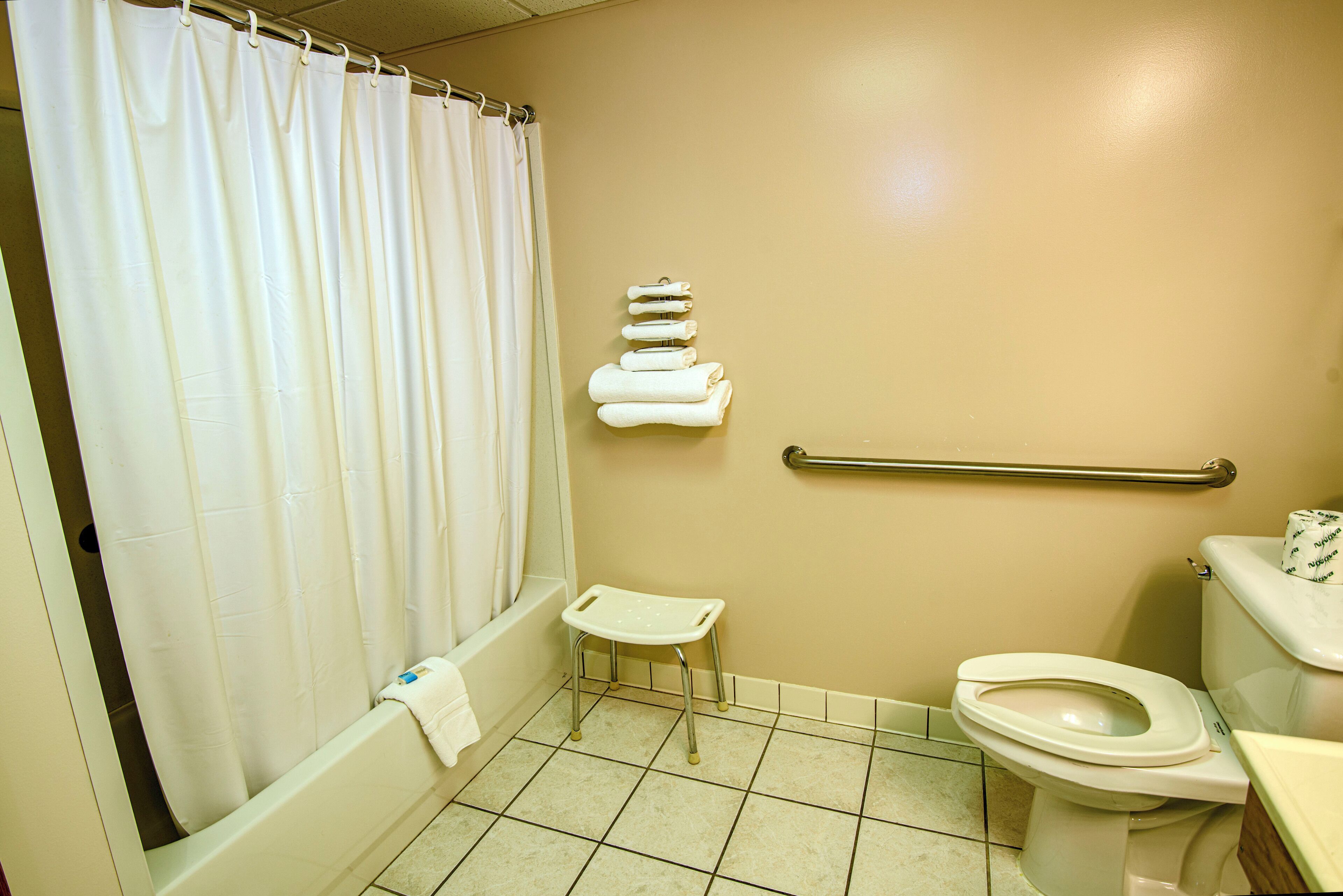 A bathroom with a bathtub, toilet, and a small step stool.