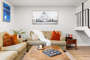 Smart TV, chimenea y libros 