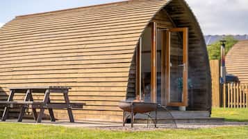 A wooden cabin with a sloped roof, a fire pit, and a picnic table.