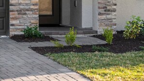 A modern house with a stone facade, a dark front door, and a small garden area. - Ultimate Disney House | Pool+Hot Tub | Game Room (Davenport)