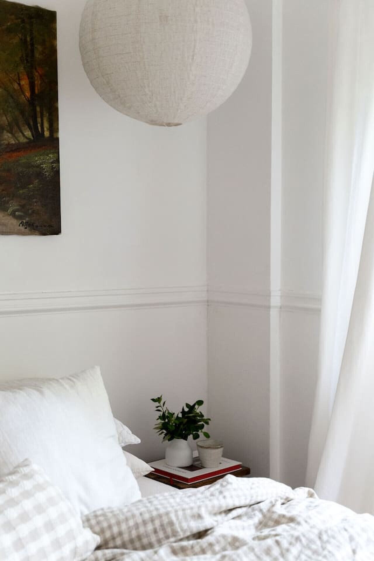 Une chambre à coucher avec un lit, des rideaux blancs, un luminaire suspendu et une petite table de chevet sur laquelle se trouvent une plante et un livre.