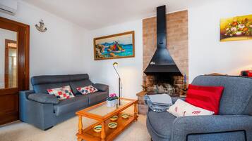 Televisión, chimenea y reproductor de DVD