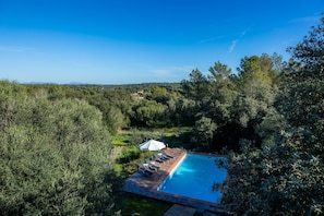 A swimming pool surrounded by lush greenery, with a clear blue sky above.