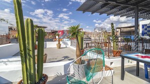 A rooftop garden with potted cacti, a hammock, and a metal pergola. - Conjunto 3 apartamentos en Centro Historico (Santiago de Querétaro)