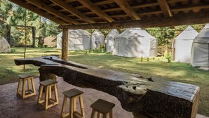 Un espace extérieur aménagé dans un style rustique, avec des tabourets en bois et un grand banc en pierre sous un toit en bois.