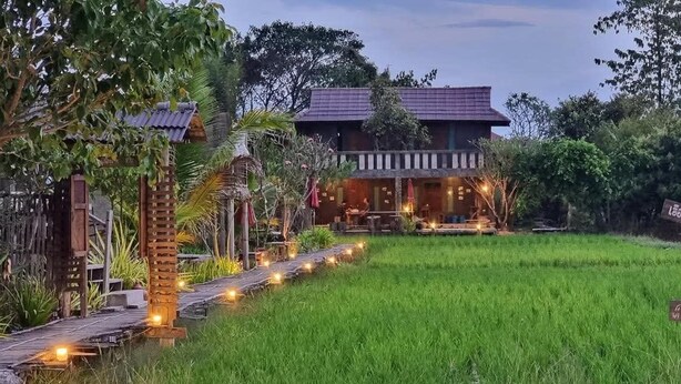 A rustic house with a tiled roof, surrounded by lush greenery and a well-lit pathway leading to the entrance. - hueankwankhao  (Chom Thong)