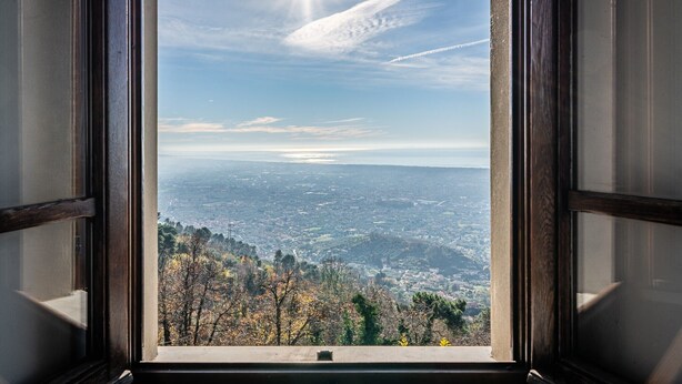 Ein Fenster mit Blick auf eine Stadtlandschaft, einschließlich Gebäude und Bäume.
