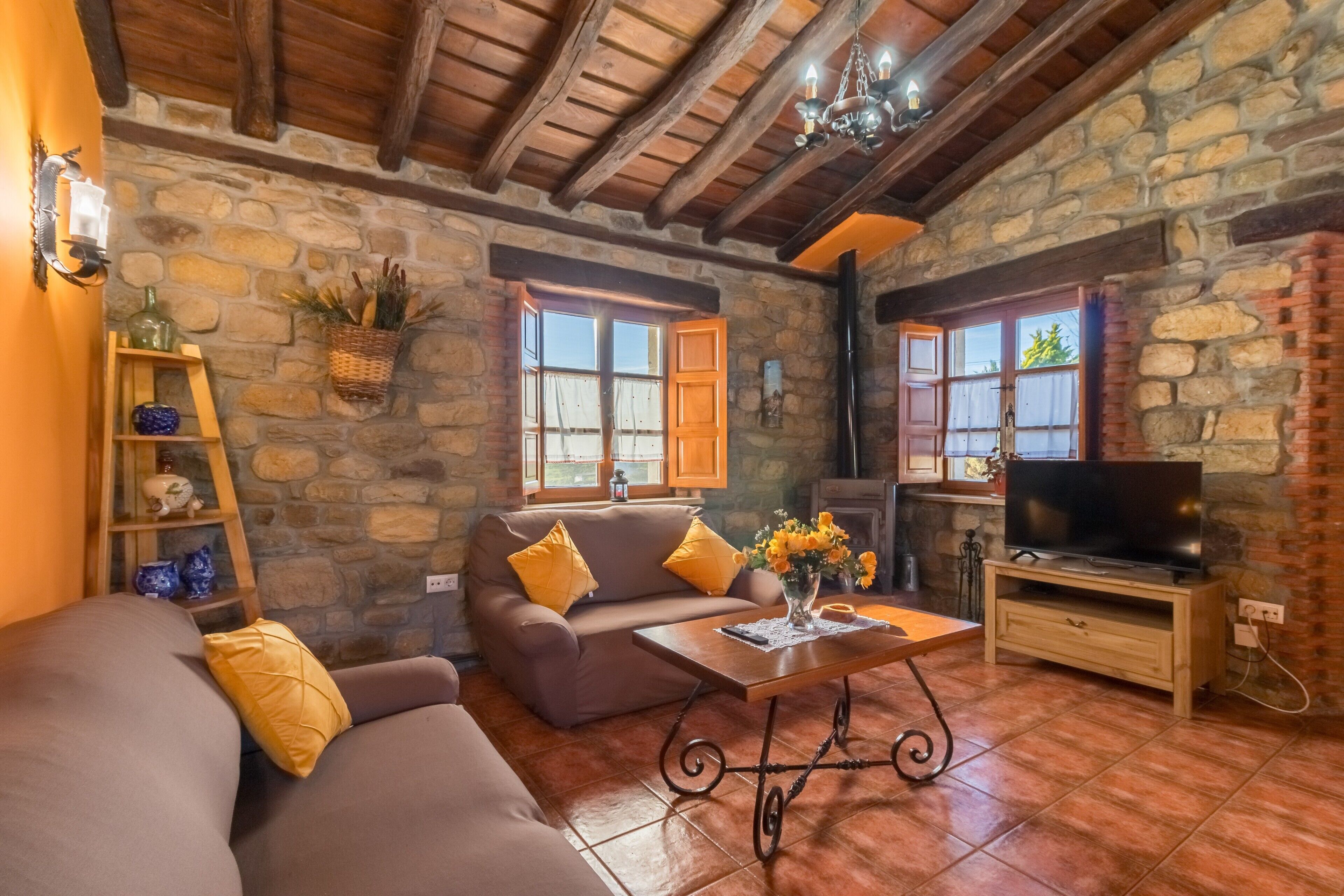 Télévision, cheminée, lecteur de DVD