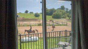 Vista desde un balcón con barandilla metálica, sobre un espacio al aire libre cercado con caballos y jinetes.