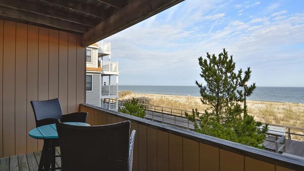 A balcony with a view of the beach and ocean, a table with chairs, and a small tree.