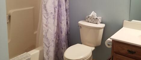 A bathroom with a bathtub, toilet, and vanity.