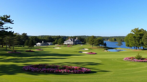 En golfbane med et klubhus, en sø og omkringliggende træer.