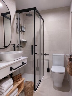 A modern bathroom with a glass shower enclosure, a white sink, and a toilet.