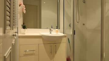 Hair dryer, towels, soap, toilet paper