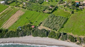 Luchtbeeld van een kustgebied met landbouwvelden, een strand en verspreide gebouwen.