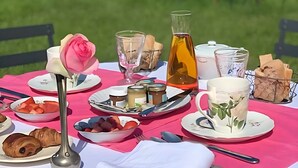 A picnic setup with food, drinks, and a rose centerpiece on a table outdoors. - 'English Garden' Guest Room with Pool, Breakfast, Shared Garden and Wi-Fi (Suzay)