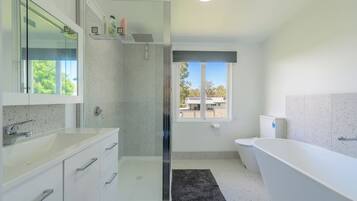 Hair dryer, towels, soap, toilet paper