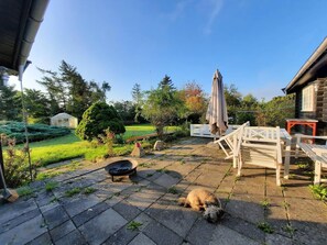 Um pátio com um cão, uma lareira, um banco de madeira e um estufa.