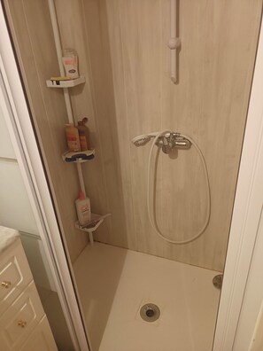 Een douche, handdoeken, zeep, toiletpapier