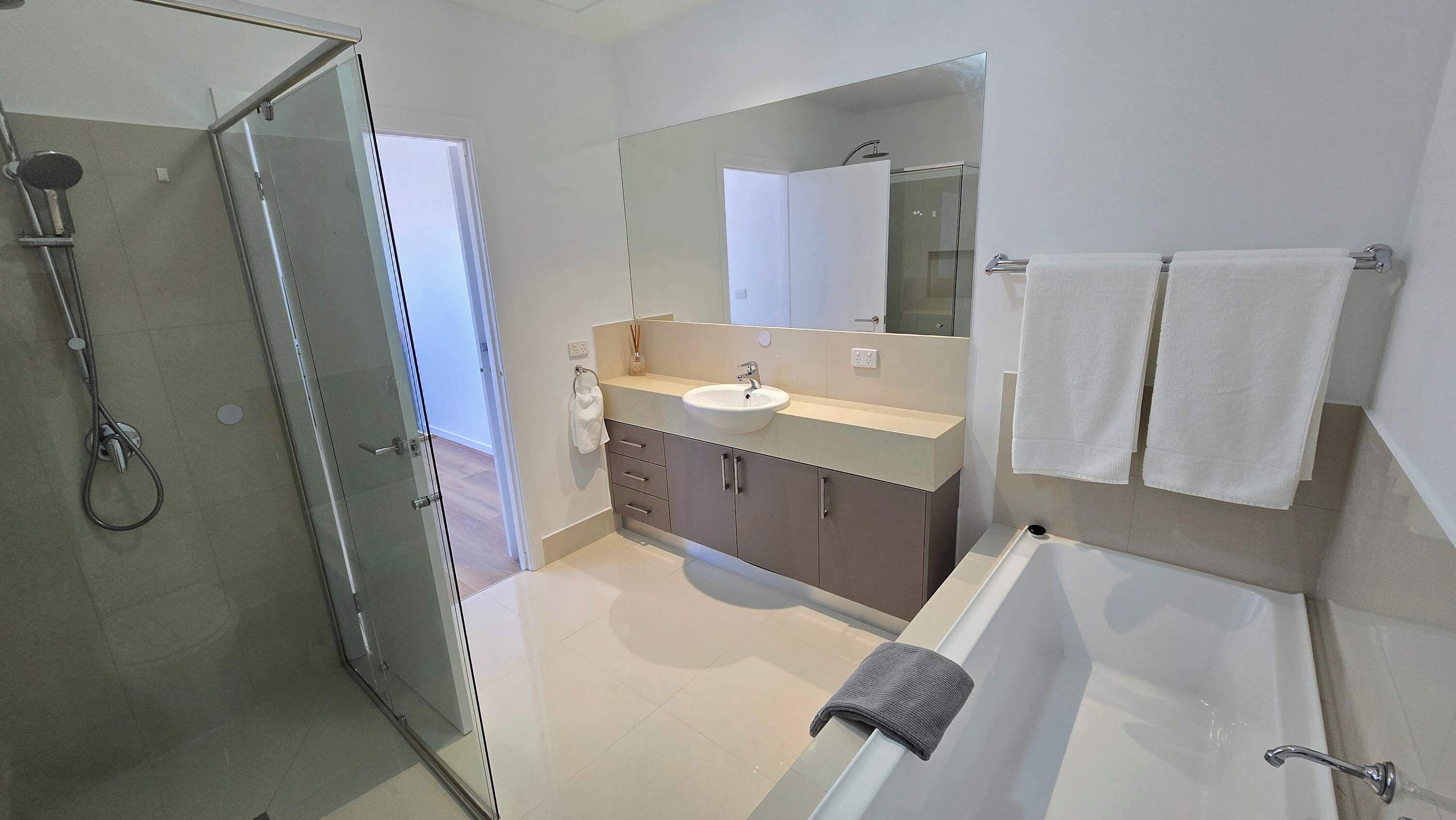 Shower, hair dryer, shampoo