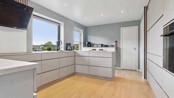 Een koelkast, een oven, een kookplaat, een vaatwasser