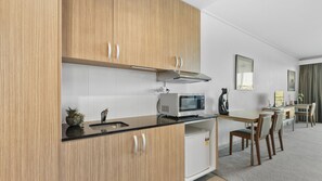 Fridge, microwave, coffee/tea maker, toaster