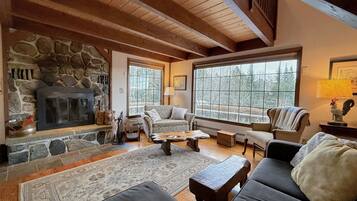 Smart TV, fireplace, books