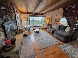 Smart TV, fireplace, books