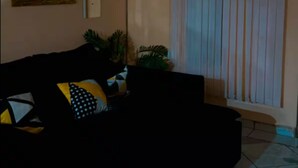 A living room with a black sofa, a framed picture on the wall, and an air conditioning unit.