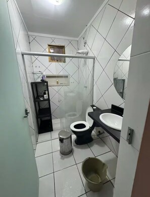 Hair dryer, towels, soap, toilet paper