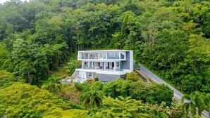 A modern two-story house surrounded by dense forest.