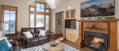 Smart TV, fireplace, books