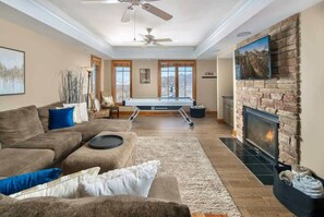 Smart TV, fireplace, books