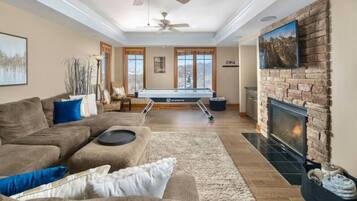 Smart TV, fireplace, books