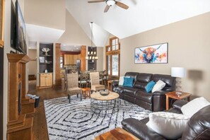 Smart TV, fireplace, books