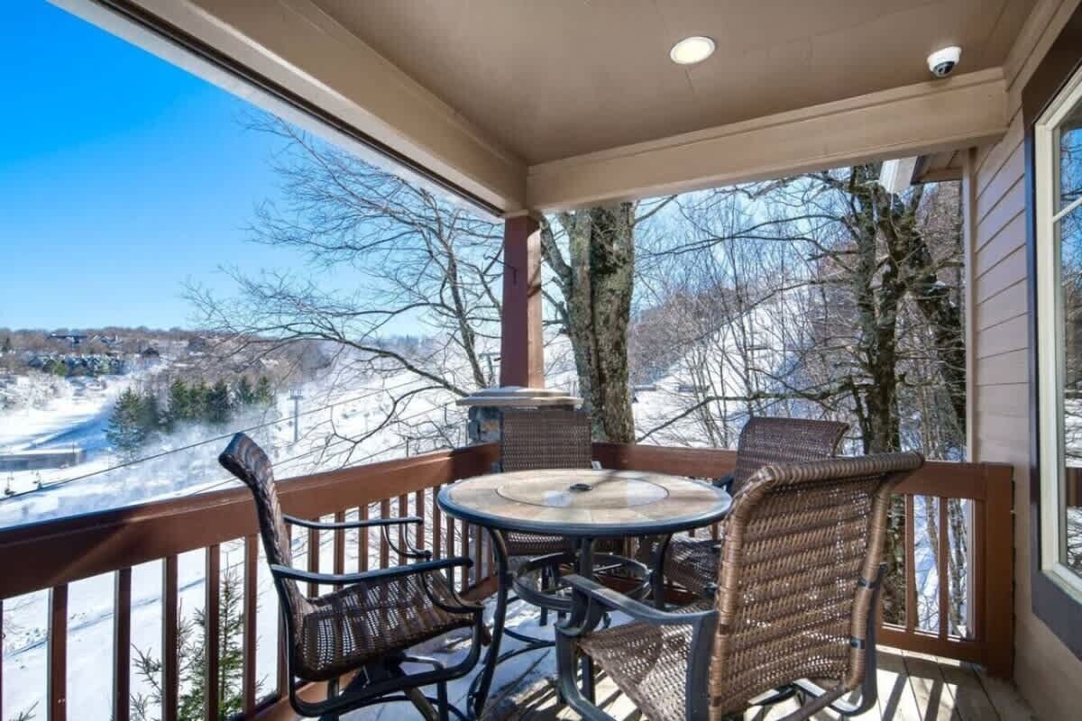 A covered outdoor area with a table and chairs, overlooking a snowy landscape.