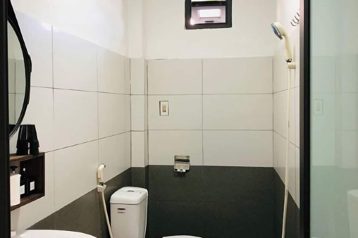 Shower, free toiletries, hair dryer, towels