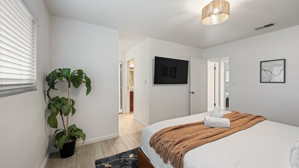 Ein modernes Schlafzimmer mit einem großen Bett, einem Blumentopf, einem Flachbildfernseher und einer Tür zu einem Badezimmer.