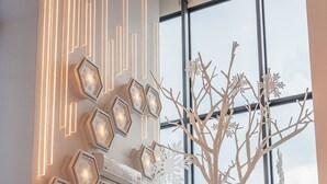 A modern room with a large window, a decorative tree sculpture, and a wall with hexagonal light fixtures. - Arte Cheras by Minsu  (Kuala Lumpur)