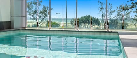Outdoor pool, pool umbrellas, pool loungers