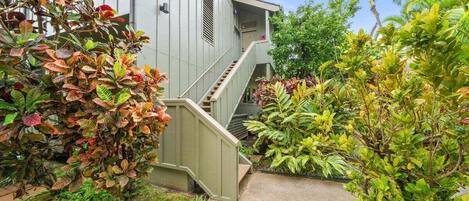 Un edificio con una escalera que conduce a un balcón, rodeado de plantas y árboles.