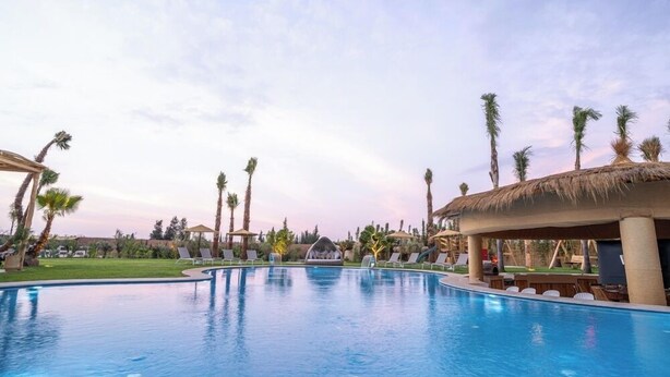 A swimming pool with lounge chairs and palm trees. - Villa PurSang Marrakech – Villa Privée de Luxe avec Hammam, Spa et Jardin (Marrakech)
