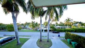A paved walkway with palm trees, a parking area, and a clear sky.