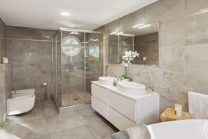 Shower, hair dryer, towels